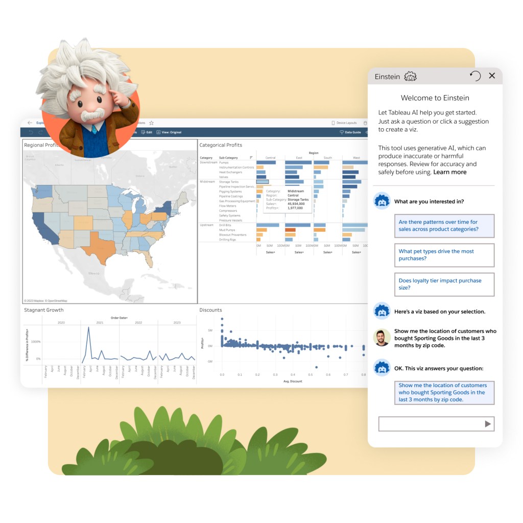 Tableau dashboard with map of US with regional profits, plus Einstein Welcome window asking What are you interested in?