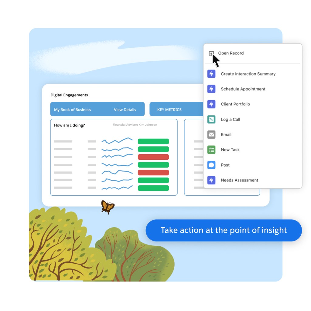 Digital Engagements dashboard with dialogue box open to take action at the point of insight: create interaction summary, schedule appointment, log a call, new task etc