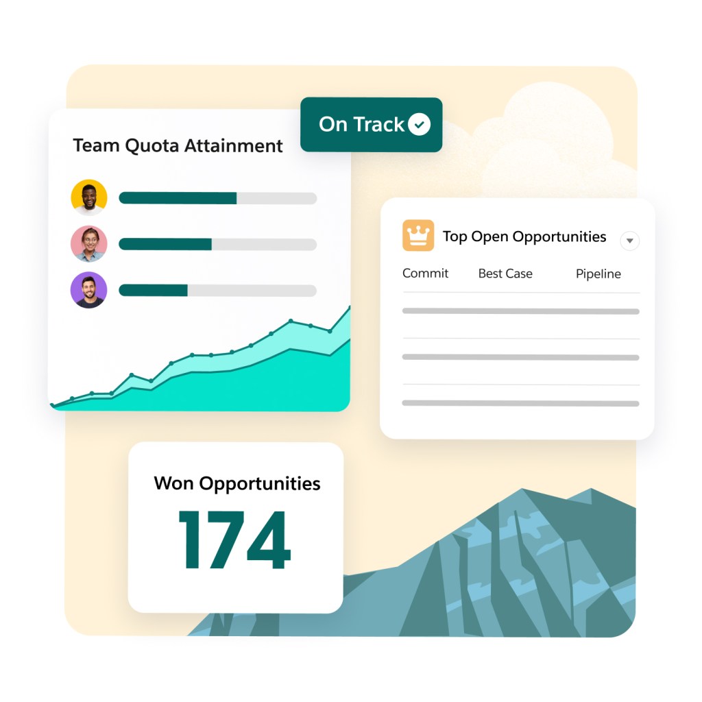 Graphical view of team quota attainment, by person, with On Track label and 174 won opportunities