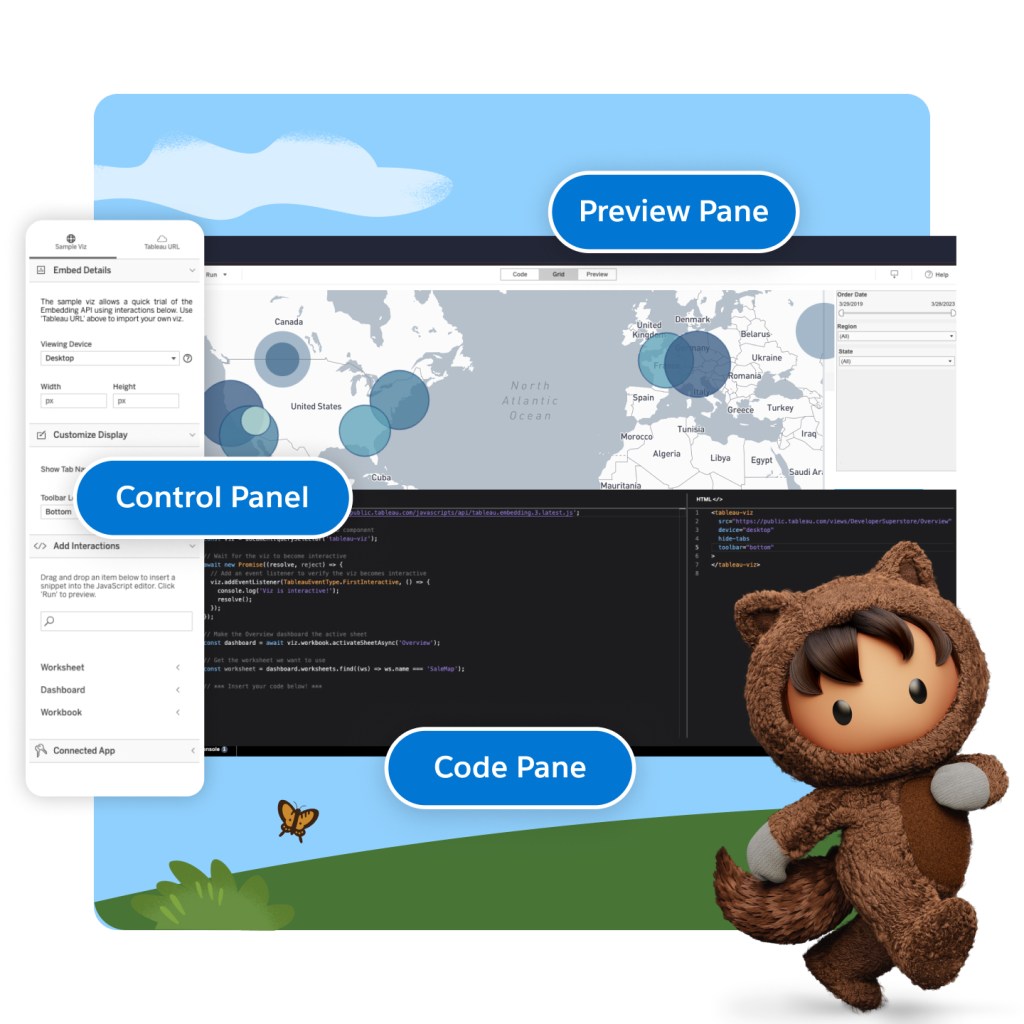 Preview pane, Control panel, and Code pane of Embedding playground developer mode with Astro character