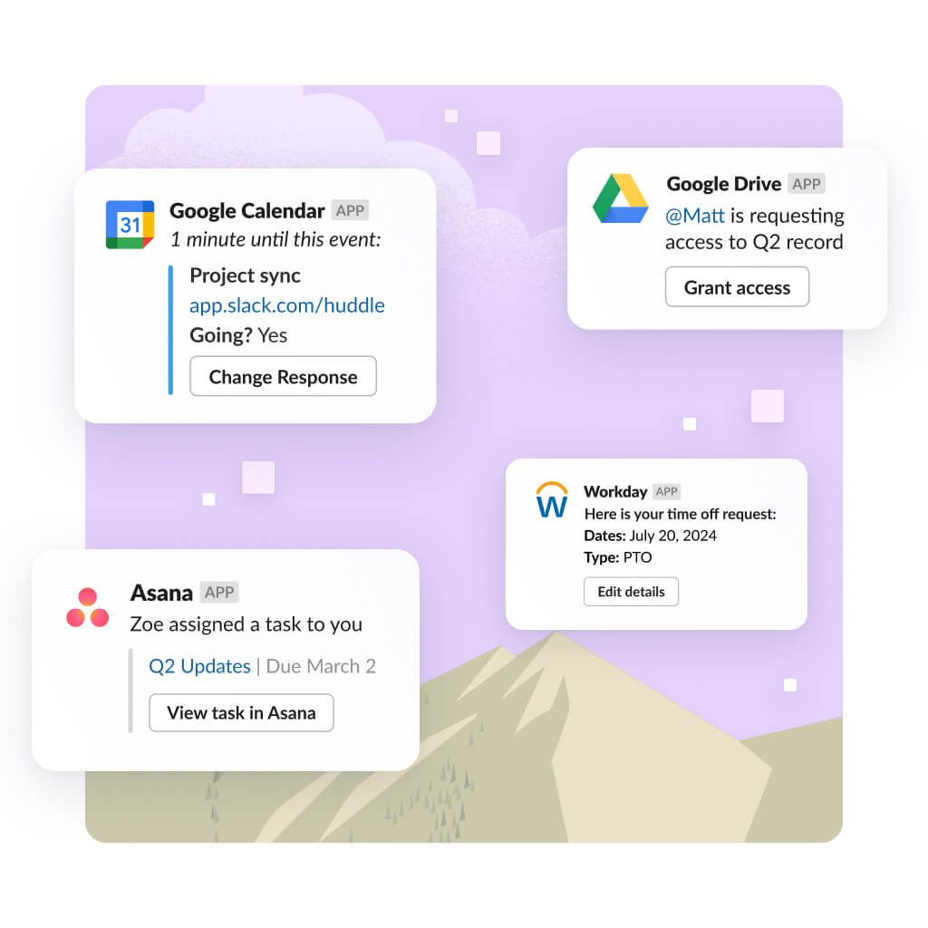 Workday, drive  and asana logos float around Slack.