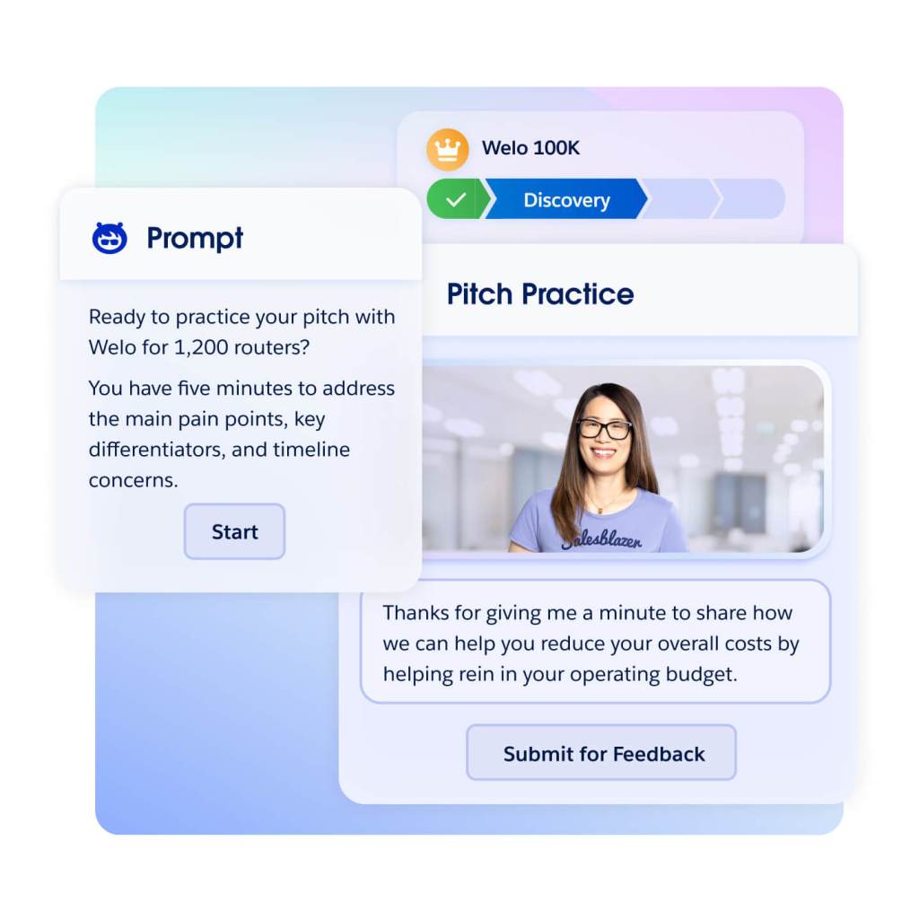  A window prompts a rep to practise her pitch with the reps pitch recording and transcript and option to submit for feedback.