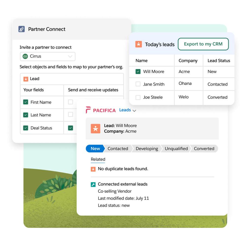 Windows show a Partner Connect screen with drop-down to choose partner, CRM lead export and lead leads based on company.