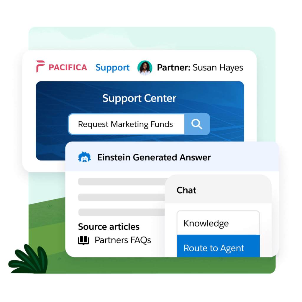 A partner support window has a search for "Request Marketing Funds," a pop out with Einstein answers and a chat window.