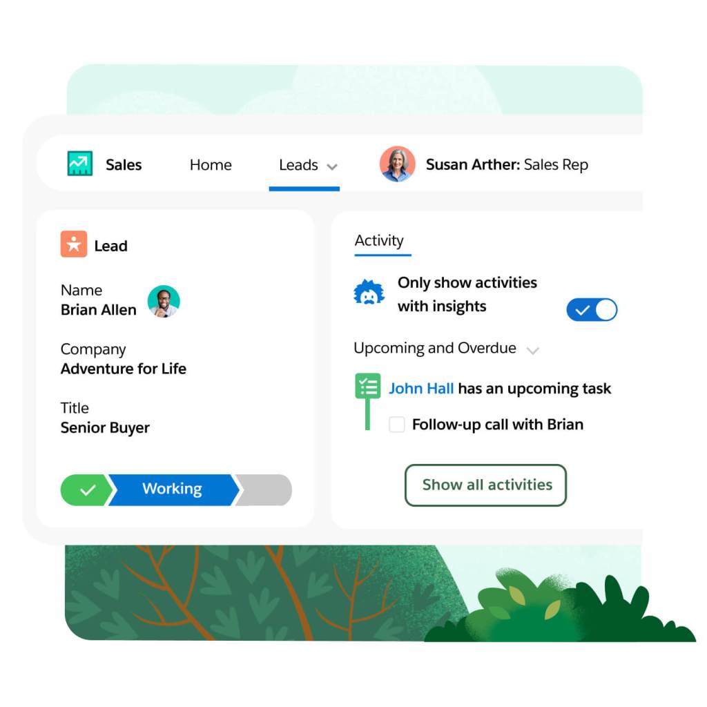 A rep's lead is shown with progress bar as well as Einstein activities with insights toggle and upcoming tasks with lead. 