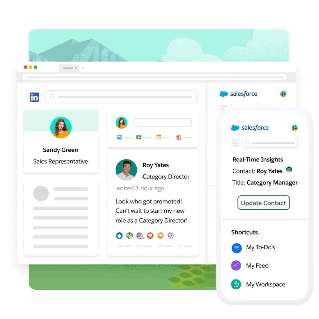 Windows show a rep's social feed with a contact post about a promotion. A Salesforce window has an option to update contact. 