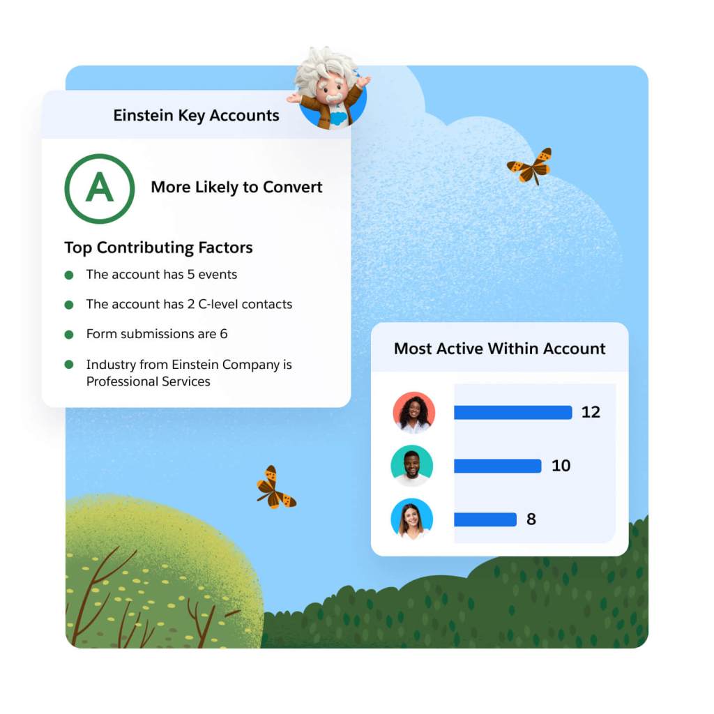 Account Based Marketing Einstein Key Accounts interface displaying data for top contribution factors and most active within account. 