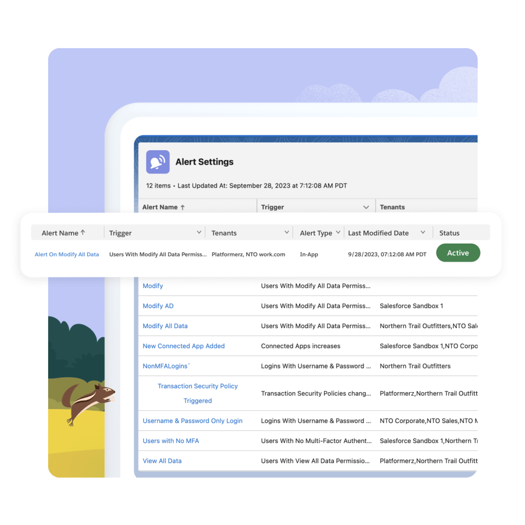 An alert setting page. A chipmunk running across the screen. 