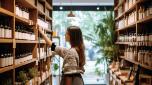 AI-generated photo of a woman shopping in a store, looking at jars on a shelf. / demand generation marketing