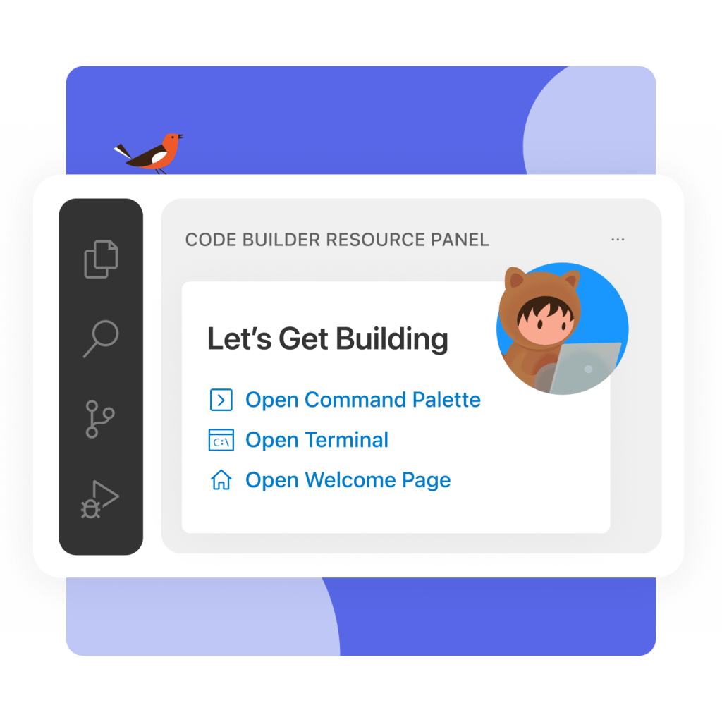 The Code Builder Resource Panel dashboard with options to start building: Open Command Palette, Open Terminal and Open Welcome Page