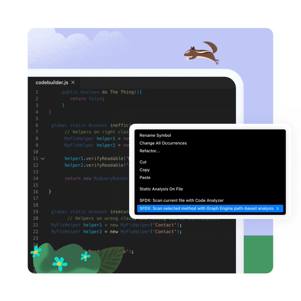 Code Builder window with a pop-up for action options, with "SFDX: Scan selected method with Graph Engine path-based analysis selected.