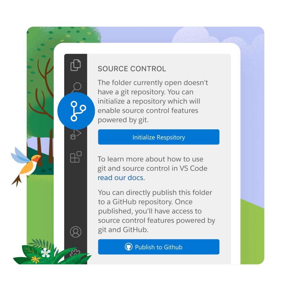 A Source Control pop-up that allows the user to either Initialise Repository or Publish to Github.