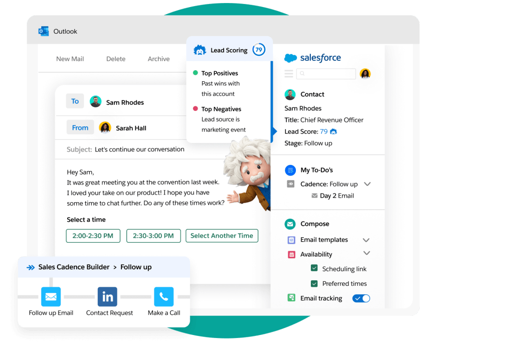 An Outlook email to a prospect has options to set as meeting time with a Salesforce extension and sales cadence builder. 